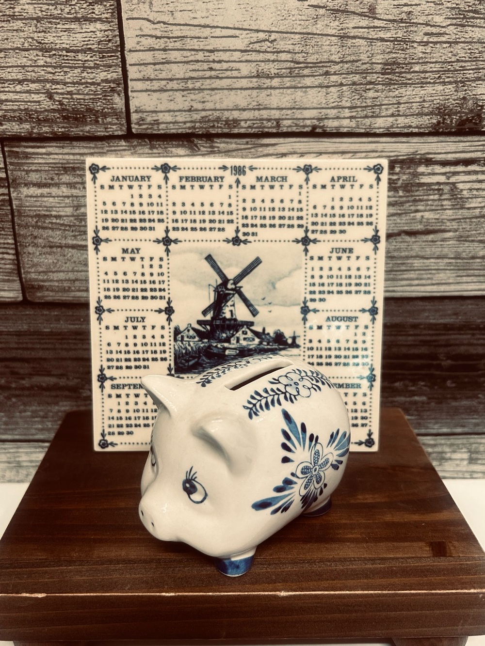 Vintage 1986 Blue & White Ceramic Calendar Tile & Piggy Bank